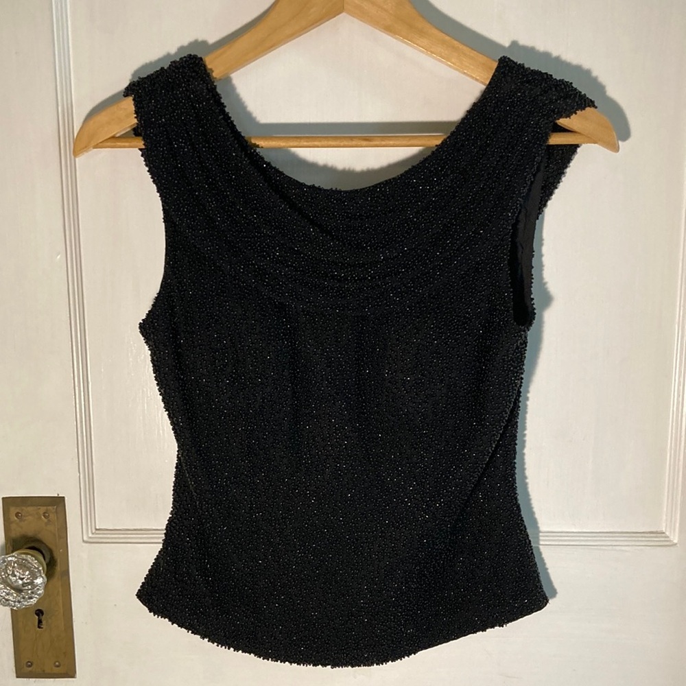 Elegant Black Beaded Silk Drapped Back Sleeveless Top